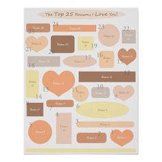 the top 25 reasons i love you stickers on a white sheet with brown and orange hearts