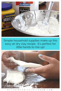 two pictures showing how to make homemade play dough with baking ingredients in the background and on the right