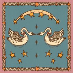 two white swans with stars in the background on a blue and pink square scarf,