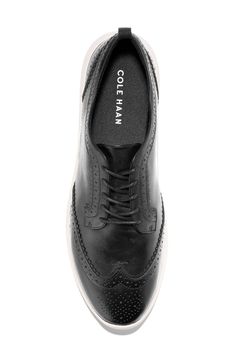 Streamlined broguing traces the contours of a leather wingtip derby updated with a grooved-rubber platform sole and lugged, flexible tread. Leather upper/synthetic lining/rubber sole Imported Cole Haan Zerogrand, Cole Haan, Nordstrom Rack, Derby, Rubber Sole, Leather Upper, Nordstrom, Leather, Black