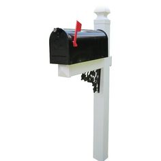 a black and white mailbox with a red post