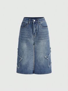 Azul  Collar  Mezclilla Liso Bermuda Embellished No-Elástico Big Denim Shorts, Nmixx Outfits, Demin Shorts, Loose Fit Denim, Vintage Street Style, Denim Capri Pants, Vintage Jean Shorts, Denim Shorts Outfit, Denim Capri