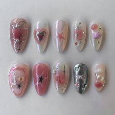 custom set ; k ★ #chromenails #instagram #cutenails #trending #love #viral #explore #instagood #explorepage #tiktok #pink #starnails… | Instagram R Signature, Fake Nails Designs, Really Cute Nails, Nail Jewelry