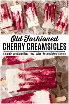 raspberry ice cream popsicles with text overlay that reads, out fashioned cherry creamsices