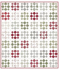 a quilt pattern with red, green and white squares