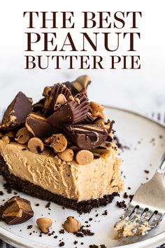 a piece of peanut butter pie on a plate with a fork