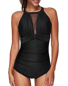 Embrace comfort and style with this smooth fabric material, stretchy and soft, ensuring a pleasant wearing experience.Features: Swimwear Type: plus size one piece monokini swimsuits Style: chic, flattering bathing suits Fabric: 82% nylon, 18% spandex Closure: hook and eye closure Neckline: high neck swimwear Back Style: open back Chest Pad: padded Color: black Decoration: mesh, ruched Garment Care: hand wash High Neck Swimwear, What To Wear In Italy, Ruched Swimwear, Flattering Bathing Suit, Ruched Swimsuit, High Neck Swimsuits, High Neck Designs, Plunging One Piece Swimsuit, Monokini Swimsuits