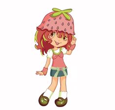 a cartoon girl wearing a strawberry hat