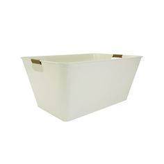 a white plastic container with brown handles on a white background, it is empty and ready to be used as a planter