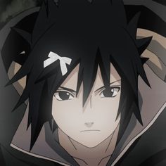 an anime character with black hair wearing a hoodie and looking at the camera while staring straight ahead