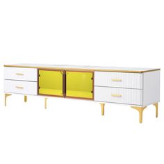 a white and yellow cabinet with two doors on one side, an open shelf to the other