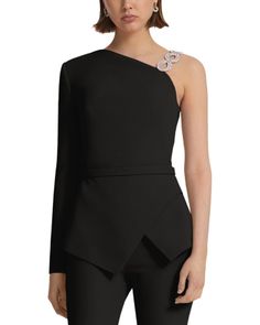 Safiyaa Joycal One Shoulder Crystal Top Chic Black Tops For Gala, Crystal Top, Crepe Top, Blouse Price, One Shoulder Blouse, Off Shoulder, One Shoulder, Womens Tops, Trim