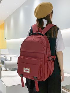 Maroon Preppy Collar  Nylon Letter Functional Backpack Embellished   Women Bags Functional Backpack, Herschel Heritage Backpack, Womens Backpack, School Supplies, Fashion Backpack, Bag Lady, Buckle, Backpacks