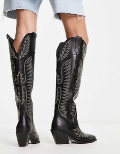 Shoes by ASOS DESIGN Cart-worthy find Pull-on style Embroidery details Pointed toe Mid block heel Black Knee Boots, Knee Boot, Black Knees, Embroidery Details, Contrast Stitch, Body Fit, Chester, Color Trends, Knee High Boots