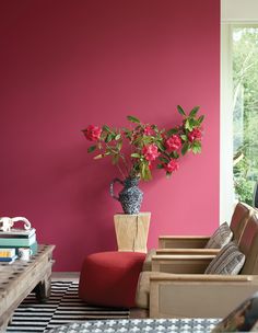 a living room with pink walls and furniture in the foreground, there is a vase filled with red flowers