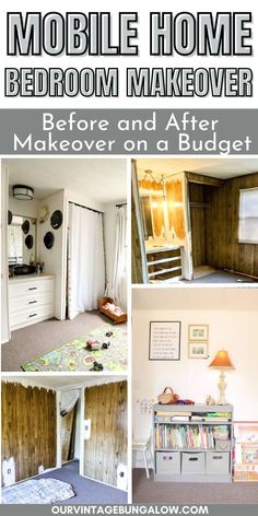 before and after pictures of a kids mobile home bedroom makeover text reads - mobile home bedroom makeover before and after makeover on a budget Mobile Home Renovations Single Wide, Single Wide Living Room Ideas, Single Wide Trailer Remodel, Single Wide Remodel