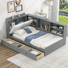 Wood Twin Size Platform bed with Storage Headboard, Shelves and 2 Drawers Platform Bed With Dresser Underneath, Headboard Shelves, Upholstery Headboard, Bed With Storage Headboard, Wooden Daybed, Sofa Bed Frame, Headboard With Shelves, Bookcase Bed, Storage Headboard