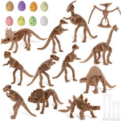 an assortment of toy dinosaurs with eggs in the background