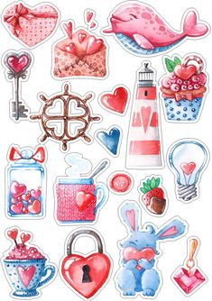 some stickers that are on the side of a white wall with pink and blue designs