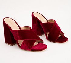 Elevate your holiday. Soirees, special nights out, and long-awaited celebrations -- you'll arrive at any event looking (and feeling) festive when you wear this velvet crossover mule with an on-trend block heel. From Schutz.  This product may be a customer return, vendor sample, or on-air display and is not in its originally manufactured condition. It may not be new. In some instances, these items are repackaged by QVC. Velvet High Heel Party Shoes, Party Velvet High Heel Shoes, Party Velvet High Heels, Evening Block Heel Mules For Fall, Glamorous Block Heel Mules For Party, Velvet Heels For Party, Elegant Velvet Party Heels, Chic Red Mules For Party, Chic Red Party Mules