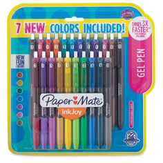 an assortment of different colored pens in a plastic container with the words paper mate ink - joy