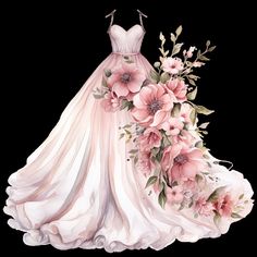 a watercolor painting of a wedding dress with pink flowers on the front and bottom