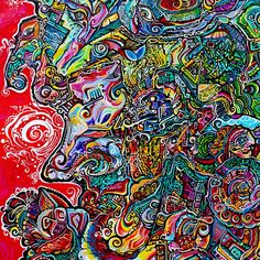 an abstract painting with many colors and shapes