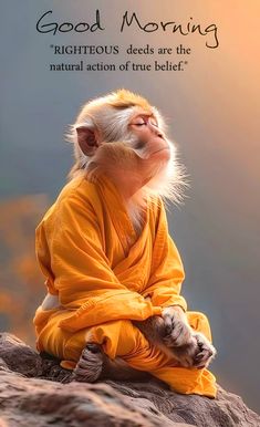 a monkey sitting on top of a rock with the words good morning written above it