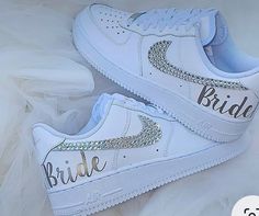 a pair of white nike air force sneakers with the words bride written on them in swarong