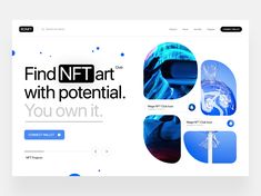 the landing page for an art website with blue and white images, including text that reads find nf art with potential you own it