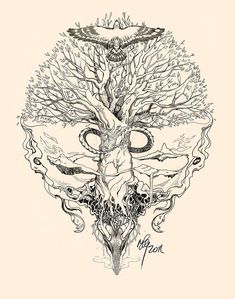 a drawing of a tree with an owl on it