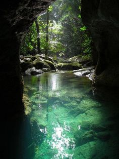 the water is crystal green and clear in this cave like area with mossy rocks on both sides