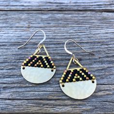 Handmade White Beaded Brass Earrings, Brass Beaded Earrings As Gift, Brass Beaded Earrings For Gifts, Brass Beaded Earrings With Tiny Beads As Gift, Handwoven Brass Earrings For Gift, Handwoven Brass Beaded Dangle Earrings, Gold Woven Beaded Earrings Gift, Gold Woven Beaded Earrings For Gift, Handwoven Brass Beaded Earrings For Gift