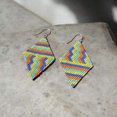 ✦ Made with High Quality Miyuki Seed Beads ✦ Sterling Silver Ear Wires ✦ About 2 inches long ✦ Made with love in California 🌊 Multicolor Beaded Geometric Earrings, Bohemian Blue Geometric Earrings, Rhombus Shape, Bead Earring, Walnut Creek, Blue Green Orange, Beading Ideas, Earrings Diamond, Brick Stitch