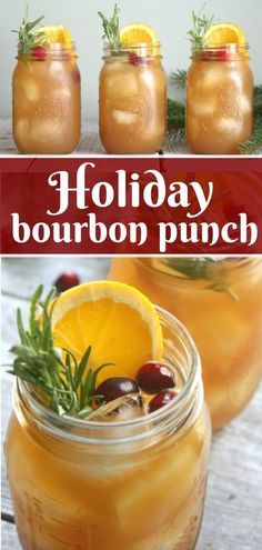 four mason jars filled with holiday bourbon punch