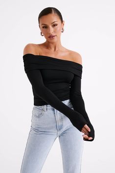 Black Off Shoulder Long Sleeve Top, Black Off The Shoulder Top Outfit, Black Off Shoulder Top Outfit, Off Shoulder Outfit, Off The Shoulder Top Outfit, Shoulder Tops Outfit, Shooting Board, Women Tops Online, 2024 Wardrobe