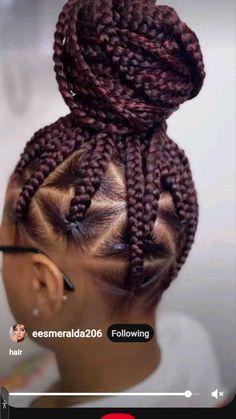 Jumbo Knotless Box Braids In A Bun, Red Bun Hairstyles For Black Women, Braid Designs For Women, Dark Burgundy Braids, Quick Braid Styles Black Hair Women, Hair Braiding Styles Black Women, Burgundy Cornrows, Black And Burgundy Braids, Braided Up Do For Black Women