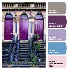 the color scheme for this house is purple and has stairs leading up to two doors