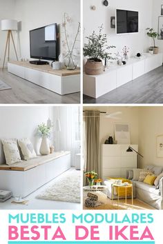 there are pictures of different living room furnitures in the same photo, but one is white and the other has yellow accents