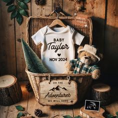 a teddy bear sitting in a basket next to a baby's t - shirt