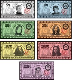 four different colored bills with faces on them