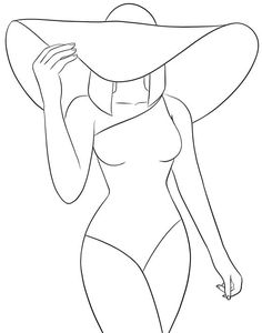 a woman in a swimsuit and hat with her hand on her hip, outline drawing