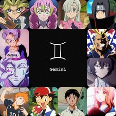 many anime characters are shown together in this photo collage with the name genni on them