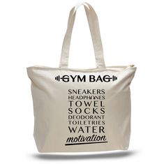 "What did you forget this time? We've got you covered with our reusable and totally gift-able tote bags for any occasion. Complete with a friendly reminder of what to pack! Here we have our canvas GYM BAG so there is no excuse that you forgot your shoes or your headphones to get to your workout because it is all ON the bag. This bag has a zippered top as well as a small interior zippered pocket for your ID cards, keys or phone. Dimensions of the bag are: 20\"W x 15\"H x 5\"D (5\" inch gusseted b Canvas Gym Bag, Bag Workout, Gifts For Personal Trainer, Workout Bag, Feeding America, Gym Girl, Workout Bags, Fitness Gifts, Motivational Gifts