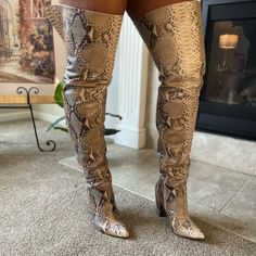 Womens Thigh High Snake Skin Heeled Boots. Very Comfy 4in Heel. Fits Thicker Thighs As Well Snakeskin Thigh High Boots Outfit, Snakeprint Boots Outfit, Thicker Thighs, Boots For Women Winter, Floral Ankle Boots, Thigh High Boots Outfit, Shoes Game, Womens Thigh High Boots, Italian Leather Boots