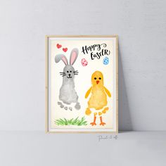 an easter card with two rabbits and a chicken