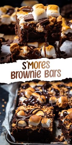 s'mores brownie bars are stacked on top of each other