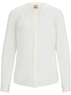 white stretch-silk crepe de chine gathered neckline concealed front fastening long sleeves buttoned cuffs curved hem Sheer Silk Blouse, Versace Outfit, Yoko London, City Dress, Summer Beach Wear, Silk Crepe, Silk Blouse, Hugo Boss, Denim Dress