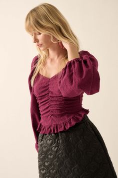 Royal Flush Ruched Jacquard Peasant Top - ShopPromesa Tulle Sleeve Top, Def Leppard Love Bites, Deep Magenta, Royal Flush, Ruched Bodice, Vintage Canvas, Peasant Top, Long Puff Sleeves, Peasant Blouse