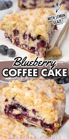 blueberry coffee cake is cut in half and served on a plate with a fork